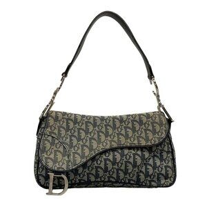 Auth DIOR/ChristianDior Saddlebag / Trotter Cream Navy Jacquard Leather
